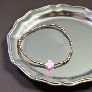 Gold Beaded Bracelet with Light Pink Cross Charm
